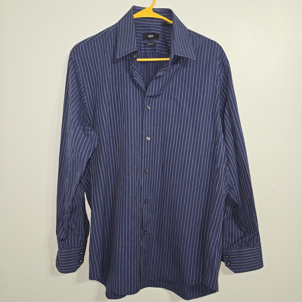 #4 Hugo Boss Blue Striped Regular Fit Long Sleeve Button Down Shirt size 16.5‎